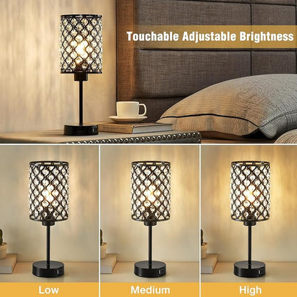 GyroVu Crystal Table Lamp, Black Lamp for Bedroom Nightstand with USB C+A Ports, Dimmable Touch Lamp with Crystal Shade, Bedside Lamp Small Lamp for Bedroom, Living Room, Office (Bulb Included)