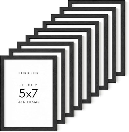 HAUS AND HUES Black 5x7 Picture Frame Set of 9 - Photo Display, Wooden 5x7 Frame for Wall Art & Décor (Black Oak)
