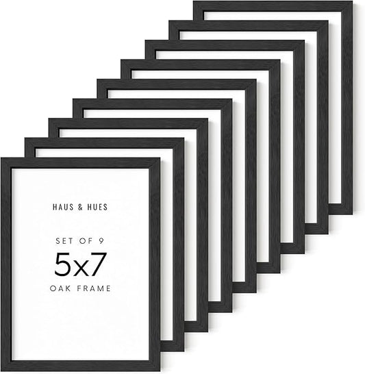 HAUS AND HUES Black 5x7 Picture Frame Set of 9 - Photo Display, Wooden 5x7 Frame for Wall Art & Décor (Black Oak)