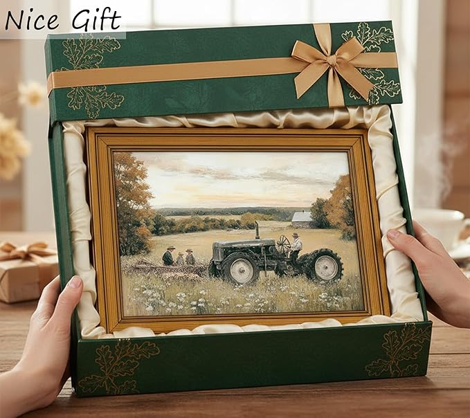 Vintage Gold Framed Canvas Wall Art, Old Tractor Poster Artwork, Country Landscape Print Picture, Farmhouse Aesthetic Painting Wall Decor, for Living Room, Bedroom, Home Decoration, 12x16in