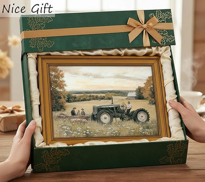 Vintage Gold Framed Canvas Wall Art, Old Tractor Poster Artwork, Country Landscape Print Picture, Farmhouse Aesthetic Painting Wall Decor, for Living Room, Bedroom, Home Decoration, 12x16in