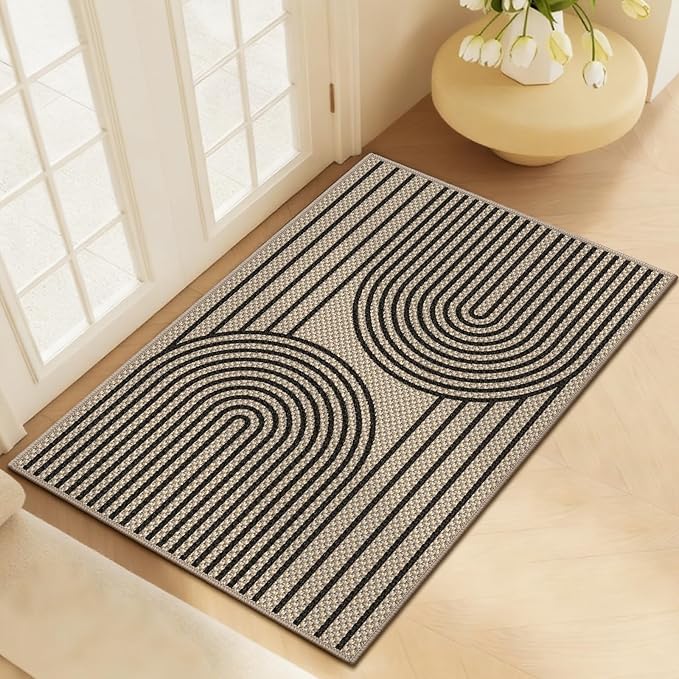 Easy Jute Front Door Mat, 2' x 3' Entryway Porch Rug, Black Farmhouse Ultra-Thin Washable Non-Slip Mat for Indoor Foyer & Outdoor Patio Decor