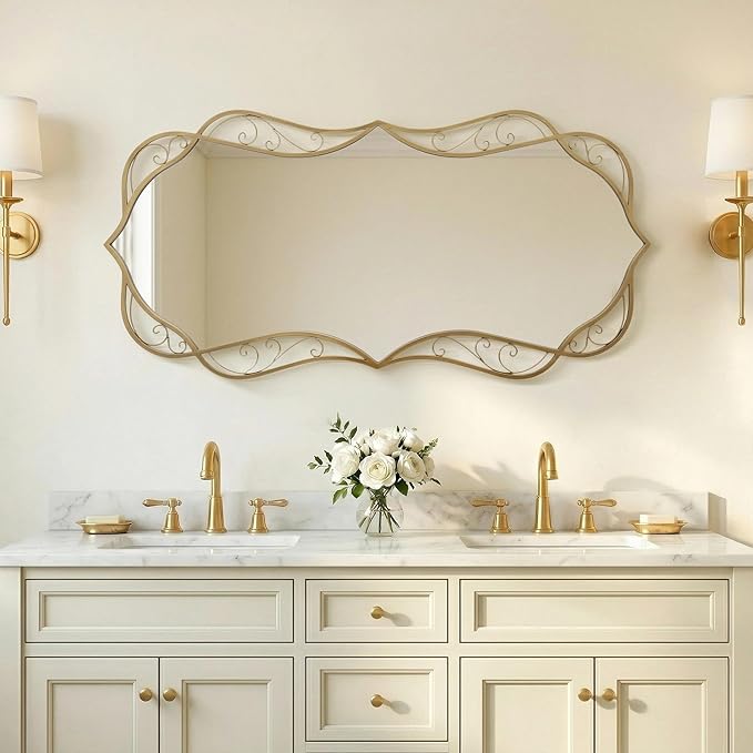 Besdomus Gold Bathroom Wall Mirror: 24"x48" Scalloped Modern Brass Gold Vanity Mirror for Wall - Farmhouse Decorative Vertical or Horizontal Hanging - Wall Decor for Living Room/Bedroom/Bathroom