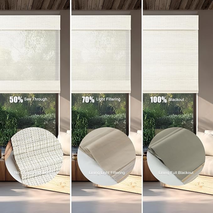 Motorized Bamboo Roman Shades, Motorized Blinds with Remote Compatible with Homekit, Alexa GoogleHome, Smart Wood Woven Shades for Indoor Windows, Customize, Sandstone Grid