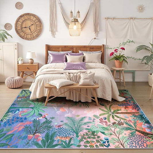 LIVEBOX Machine Washable Area Rugs 8x10 Lavender Girls Bedroom Rug, Soft Ultra-Thin Nursery Girl Carpet for Living Room, Jungle Purple Rugs for Girls Room, Lilac Rug for Nursery Room