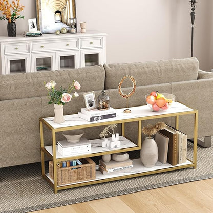 Function Home TV Stand for TVs up to 55 Inch, 3 Tier Entertainment Center, Media Console with Open Storage Shelves for Living Room Bedroom, 47” Modern TV Table with Faux Marble Top Gold Metal Leg