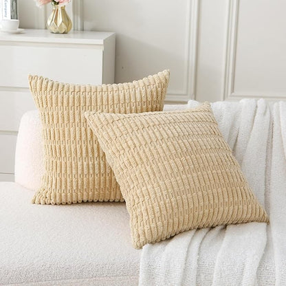 2 Pack Corduroy Decorative Throw Pillow with Inserts, 18x18 Inch Soft Boho Throw Pillow, Square Striped Throw Pillows for Couch, Bed, Sofa Decor (Creamy Beige)