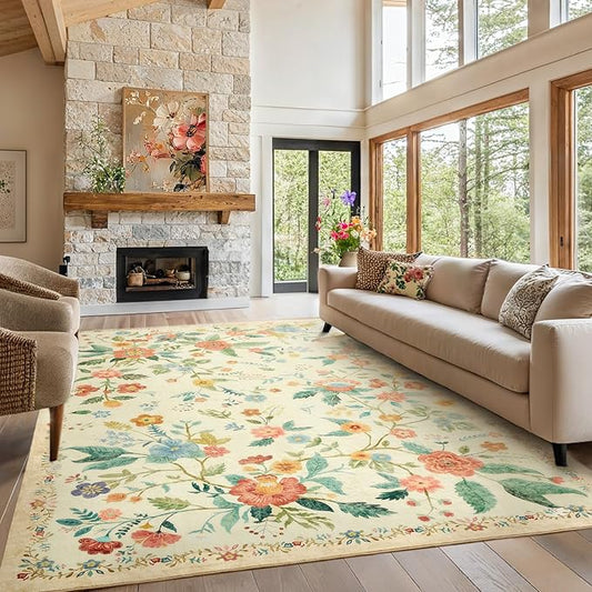 Amada 6x9 Area Rugs, Non-Slip & Low-Profile Living Room Rug with Reinforced Edge Binding, Soft Large Washable Boho Floral Rugs for Living Room, Bedroom, Dining Room