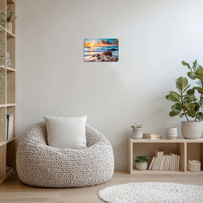 TutuBeer 1 Panel Beach Pictures Wall art Beach Pictures Blue Sea Sunset White Ocean with Stone Print on Canvas Ocean Picture Wall Decor for Home Decor Decoration Ready to Hang 16x24inch