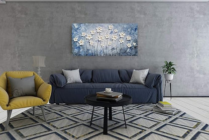 YHSKY ARTS 3D Hand - Painted White Floral Wall Art with Printed Blue Background, Textured Flower Decor for Home