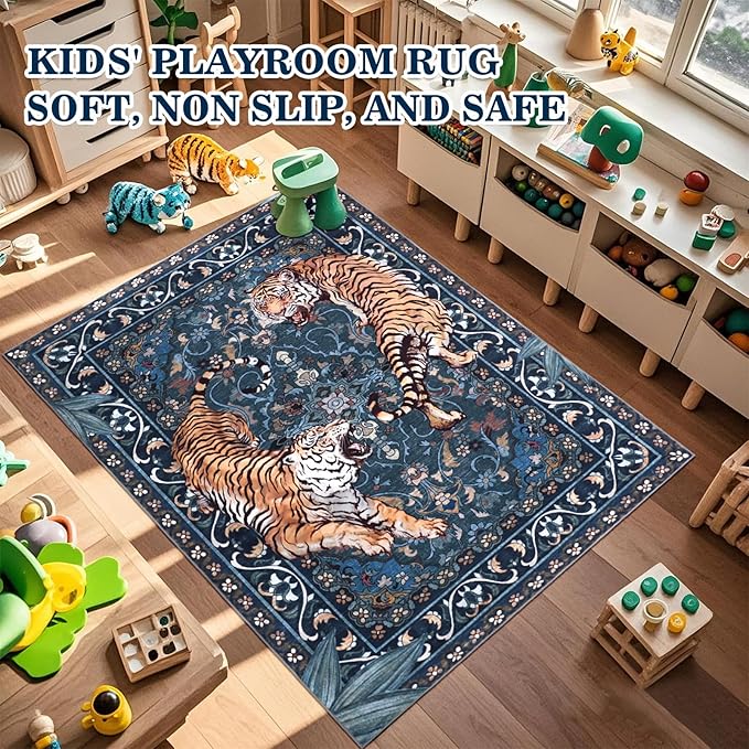 Tiger Washable Area Rugs 5x7Ft, Boho Jungle Living Room Rugs, Soft Botanical Animal Print Bedroom Nursery Area Floor Carpets for Dining Room Dorm Study Kids Playroom Farmhouse Office, Blue