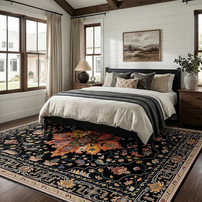 RELEANY Area Rugs 7'x10' Washable Non-Slip, Floral Vintage Distress Print Pattern Medallion Carpet for Living Room Bedroom Dining Room, Black Colorful Floral Dark Tan