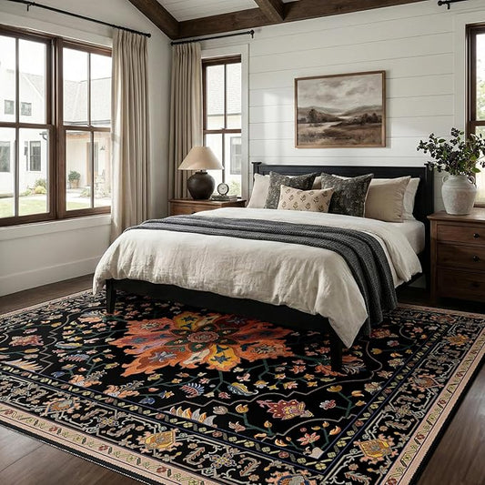 RELEANY Area Rugs 7'x9' Washable Non-Slip, Floral Vintage Distress Print Pattern Medallion Carpet for Living Room Bedroom Dining Room, Black Colorful Floral Dark Tan