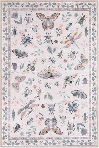 Lahome Insect Print Washable Rugs for Living Room, Soft 6x9 Pink Rug for Bedroom Ultra-Thin Non Slip, Stain Resistant Large Carpet for Dining Room Nursery Classroom Vionnet(6'x9',Pink)