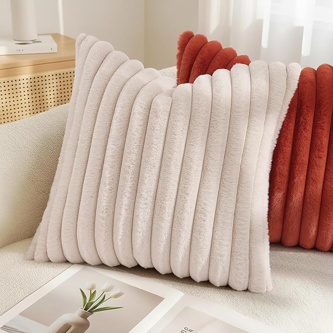 decorUhome Summer Cozy Faux Fur Throw Pillow Covers 18x18 Set of 2 Decorative Soft Plush Striped Modern Farmhouse Boho Couch Pillow Cases with Velvet Back for Sofa Bed Living Room, Beige