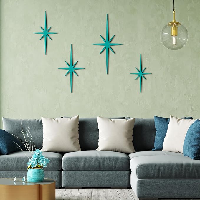 Blulu 4 Pcs Cast Iron Starburst Shaped Wall Decor Metal Mid Century Modern Decor Retro Atomic Stars Wall Art Elegance Accents Vintage Celestial Whimsigoth Hangings for Home Office Room(Mint)