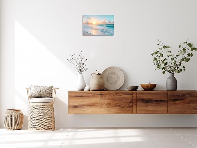 TutuBeer Beach Pictures Wall Art Beach Canvas Wall Art White Ocean at Sunrise Print on Canvas Seascape Paintings Coastal Picture Framed Artwork for Bathroom Living Room Office Home Decor 24" x 36"