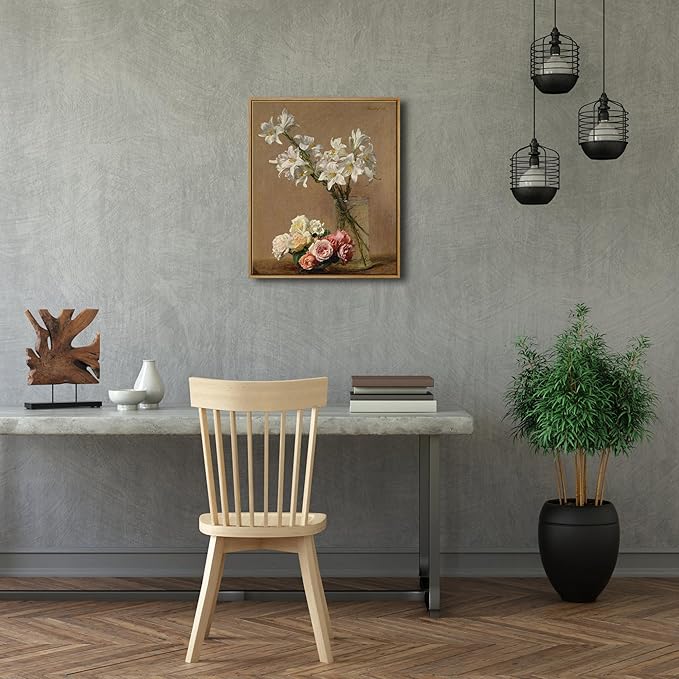 Pyradecor Vintage Wall Art Retro Large Framed Living Room Decor Roses and Lilies Canvas Prints Classical Floral Painting for Bedroom Kitchen Farmhouse Office Decorations AH1105-5060NW
