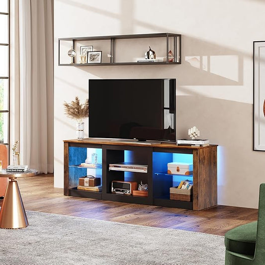 WLIVE RGB LED TV Stand for 65-Inch TV, 58-Inch Entertainment Center with Adjustable Glass Shelves, Modern Media Console for Living Room & Bedroom, Rustic Brown