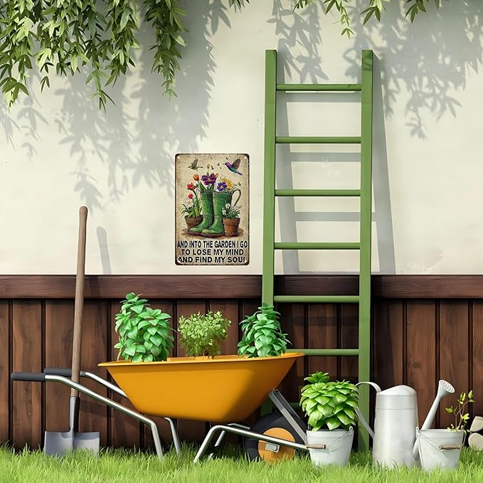 Garden Metal Signs “And Into The Garden I Go To Lose My Mind And Find My Soul” - Vintage Hummingbird Tin Sign for Outdoor, Yard Art & Gardening Gift 8x12 Inch