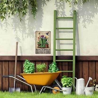 Garden Metal Signs “And Into The Garden I Go To Lose My Mind And Find My Soul” - Vintage Hummingbird Tin Sign for Outdoor, Yard Art & Gardening Gift 8x12 Inch