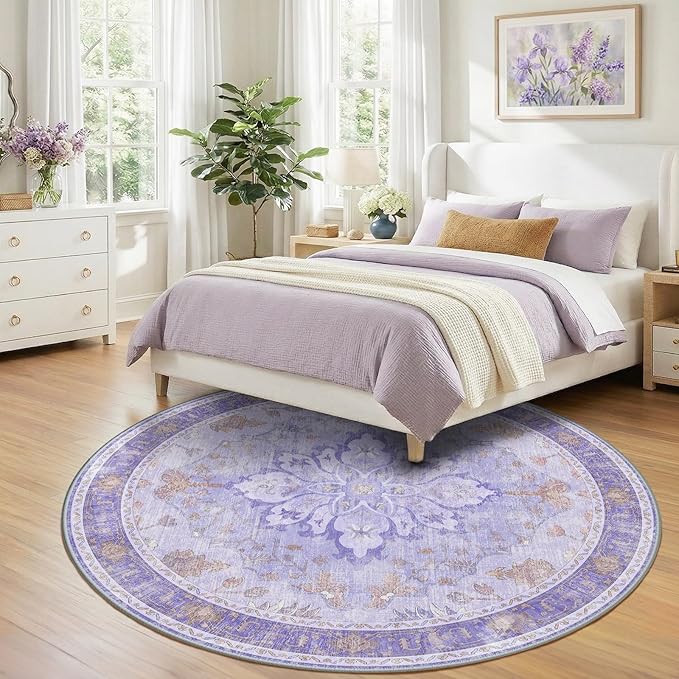RELEANY Area Rugs Round 8ft Washable Non-Slip, Floral Vintage Distress Print Pattern Medallion Carpet for Living Room Bedroom Dining Room, Light Purple Brown