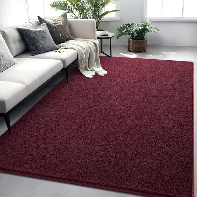Red Rugs for Bedroom Living Room, 5x7 ft Burgundy Area Rug, Washable Memory Foam Indoor Carpet, Modern Aesthetic Minimalist Non-Slip Carpets for Boys Girls Adults Home Decor