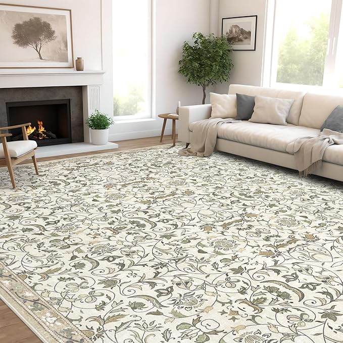 5×7 Washable Large Area Rugs for Living Room, Floral Soft Rug Non Slip Stain Resistant Carpet for Bedroom Dining Room Kitchen Farmhouse Home Decor，Beige Multi 061