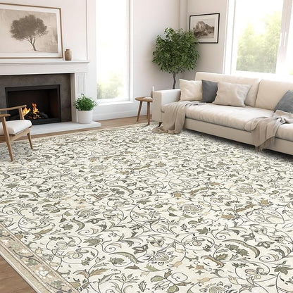 8×10 Washable Large Area Rugs for Living Room, Floral Soft Rug Non Slip Stain Resistant Carpet for Bedroom Dining Room Kitchen Farmhouse Home Decor，Beige Multi 061