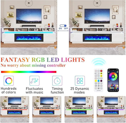 chartustriable Fireplace TV Stand for 100" TV, 93" LED Entertainment Center with 50" Fireplace & Power Outlets, High Gloss TV Stand, Gaming TV Media Console for Living Room, 93 Inch, White