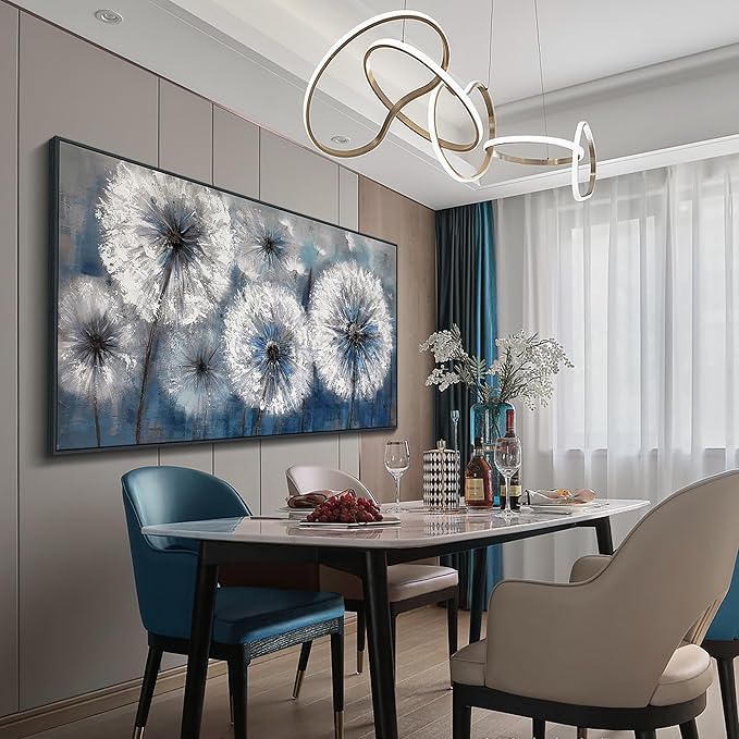 Pogusmavi Dandelion Wall Art Blue Wall Decor Painting Living Room Plant Pictures Framed Paintings for Wall Decorations Artwork for Walls Dining Room Decor 29x58 Black Framed
