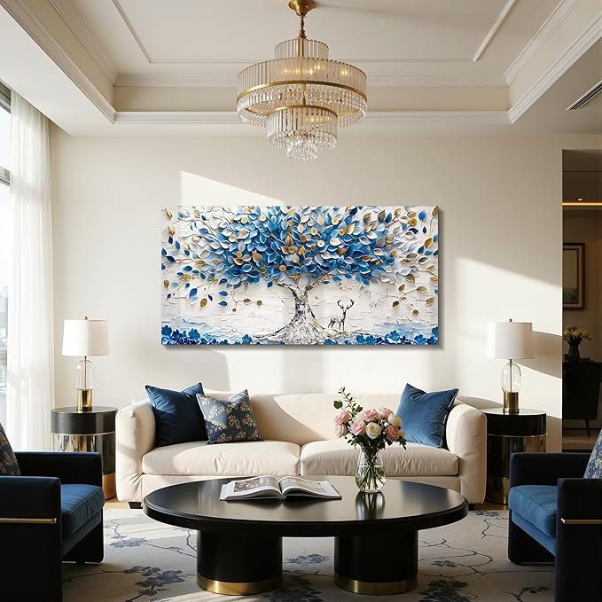 imjiayu Tree of Life Wall Art, Large Canvas Wall Art, Abstract Art Wall Decor, Blue and White Tree Prints, Modern Feng Shui Decor Pictures for Living Room Bedroom Office Home Decorations 20"x40"
