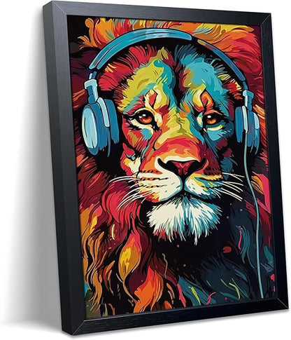 Colorful Lion Wall Art Framed Canvas Print, Lion Wearing Headphones Pop Art Animal Poster, Vibrant Graffiti Music King Wall Decor Painting for Living Room Bedroom Boys Room Home Decor 12x16 Inch