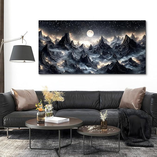 SERIMINO Large Wall Art for Living Room, Mountain Landscape Wall Decor, Fantasy Abstract Art Prints, Moonlit Night Black Canvas Painting, Cool Modern Pictures Home Decor for Bedroom 29"X57"
