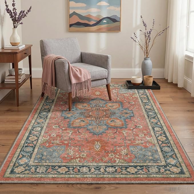 GENIMO 8x10 Area Rugs for Living Room, Machine Washable Rug, Non Slip Indoor Vintage Carpet, Low Pile Lightweight Chenille Print Carpet for Bedroom Dining Room Home Office, Dusty Terracotta