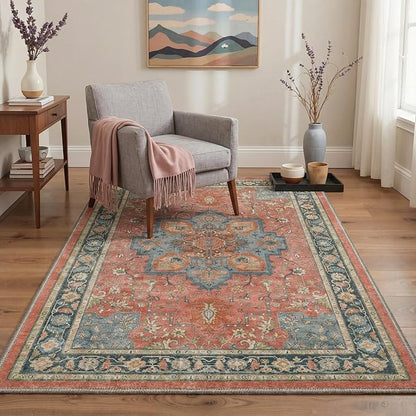 GENIMO 8x10 Area Rugs for Living Room, Machine Washable Rug, Non Slip Indoor Vintage Carpet, Low Pile Lightweight Chenille Print Carpet for Bedroom Dining Room Home Office, Dusty Terracotta