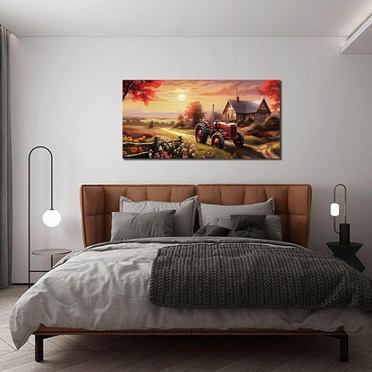 ANCXWOTER Canvas Wall Art Sunset Landscape Canvas Prints Vintage Red Tractor for Living Room Bedroom Office Home Decor Country Farmhouse Artwork 20x40 Inch