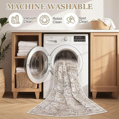 3x14 Washable Runner Rug :Hallway Runner with Non Slip Backing Farmhouse for Bedroom Bathroom Living Room Rug Vintage Large Soft Entryway for Kitchen Laundry Room Stain Resistant Carpet-Tea Brown