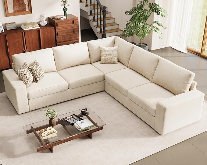 ELUCHANG 113" V-Shaped Modular Sectional Sofa Couch, Modern 5-Seat Comfy Linen Deep Seat Sofa with Corner, Removable Cover, Easy Assembly, Large Sofas & Couches for Living Room, Office, Beige