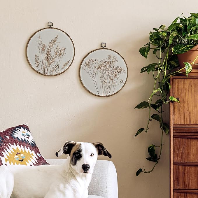 TLESKE Beige Rustic Fall Botanical Round Wall Art Decor Set of 2, Boho Autumn Wildflower Floral Framed Canvas Prints Wall Art Artwork, Neutral Vintage Wall Hanging Decor for Farmhouse Bedroom Living Room 10x10