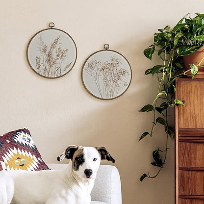 TLESKE Beige Rustic Fall Botanical Round Wall Art Decor Set of 2, Boho Autumn Wildflower Floral Framed Canvas Prints Wall Art Artwork, Neutral Vintage Wall Hanging Decor for Farmhouse Bedroom Living Room 10x10