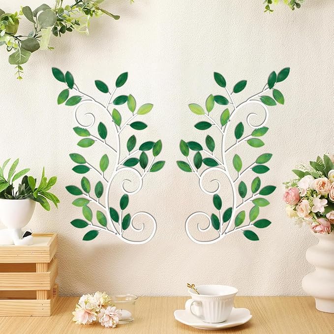 ESTART 2 Pieces Metal Tree Leaf Wall Decor Vine Olive Branch Leaf Wall Art Ornament Wall Hanging Sign for above Door, Living Room, Office, Indoor and Outdoor Decoration (Green)