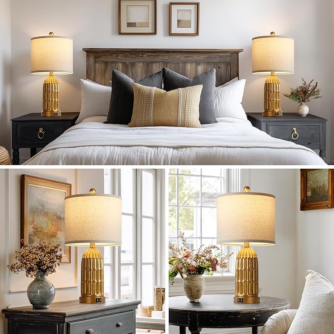 Cinkeda Table Lamps for Bedroom Set of 2, Farmhouse 3-Way Dimmable Touch Nightstand Lamp with 2 USB Charging Ports, Vintage Rustic Traditional Bedside Lamp for Living Room End Table