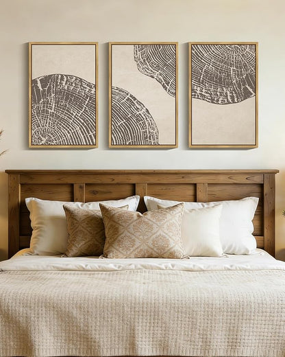 PHOPAGO Farmhouse Vintage Framed Wall Art Large 16x24in Set Gray Wood Tree Ring Spirals Nature Abstract Drawings Rustic Modern Art Decor for Living Room Bedroom - Natural Framed
