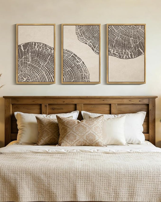 PHOPAGO Farmhouse Vintage Framed Wall Art Large 16x24in Set Gray Wood Tree Ring Spirals Nature Abstract Drawings Rustic Modern Art Decor for Living Room Bedroom - Natural Framed