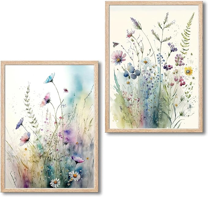 Large Framed Colorful Flowers Bathroom Wall Art Decor, Blue Floral Picture Canvas Print White Daisy Painting Artwork for Bedroom Living Room Office Decoration 16"x24"x2 Panels