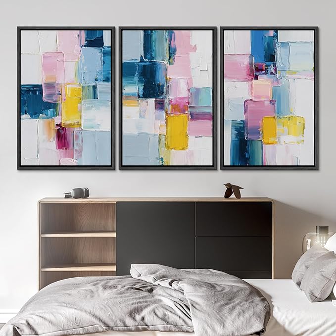 SIGNLEADER Framed Canvas Print Wall Art Set Vibrant Colorful Block Abstract Bold Pink Blue Illustrations Minimal Decorative Bohemian Nordic for Living Room, Bedroom, Office - 16"x24"x3 BLACK