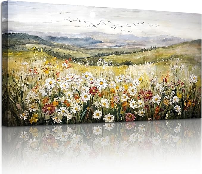 SERIMINO Nature Landscape Wall Art, Mountain Daisy Extra Large Artwork, Wildflower Meadow Rustic Home Decor Art Prints, French Country Aesthetic Paintings Wall Decor Living Room Dining Room 29X57 Inch
