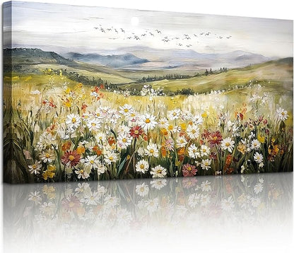 SERIMINO Nature Landscape Wall Art, Mountain Daisy Extra Large Artwork, Wildflower Meadow Rustic Home Decor Art Prints, French Country Aesthetic Paintings Wall Decor Living Room Dining Room 29X57 Inch