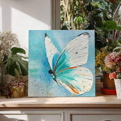 JUHOME Abstract Butterfly Wall Art – 24x24 In Original Hand-Painted Oil Painting, Blue and White Textured Canvas Wall Decor with Modern Floral Wing Details for Living Room Bedroom Office